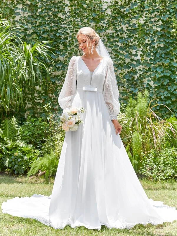 Contrast Mesh V-neck Lantern Sleeve Chiffon Wedding Dress Without Veil