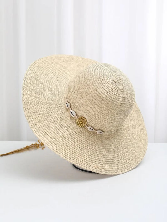 1pc Women Shell & Metal Decor Boho Straw Hat For Outdoor Travel