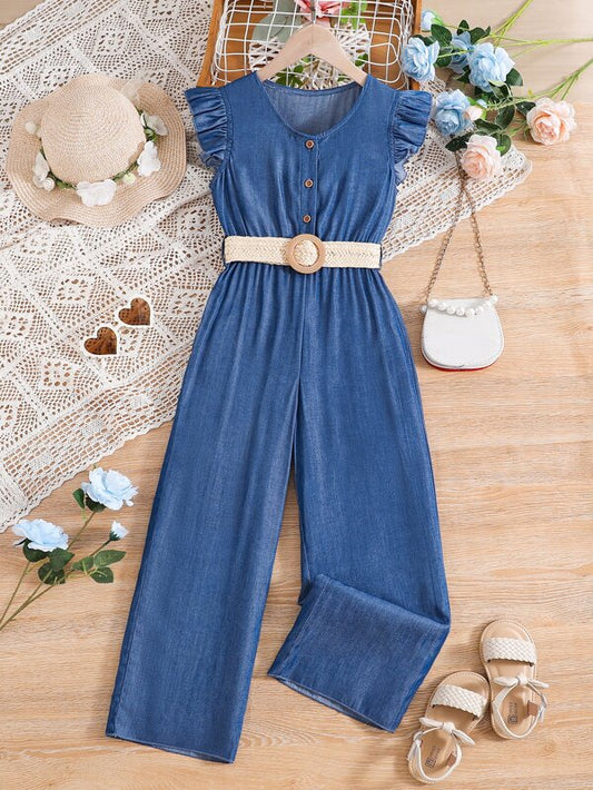 Girls Ruffle Trim Button Front Jumpsuit