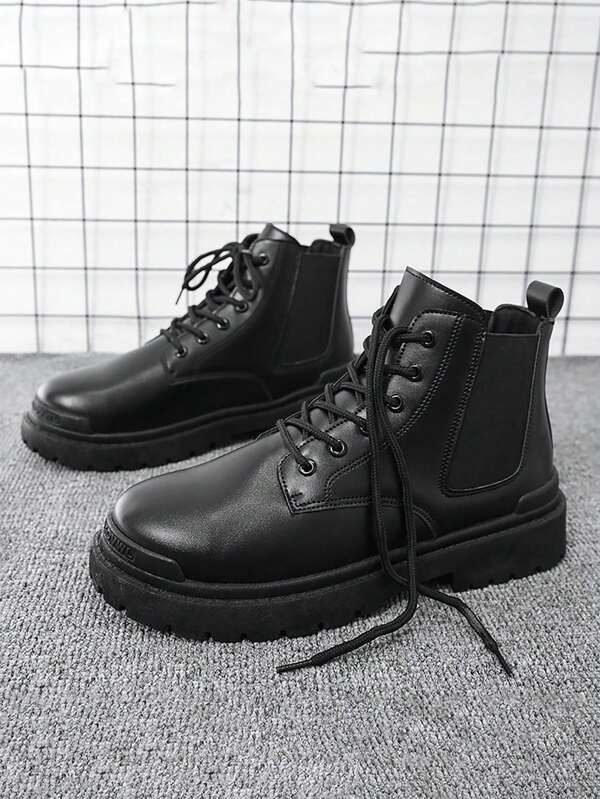 Men's Pu Leather Boots New Style For Fall And Winter, High Top, Casual & Outdoor Knight Style, Fashion Thick & Flat Soled Shoes