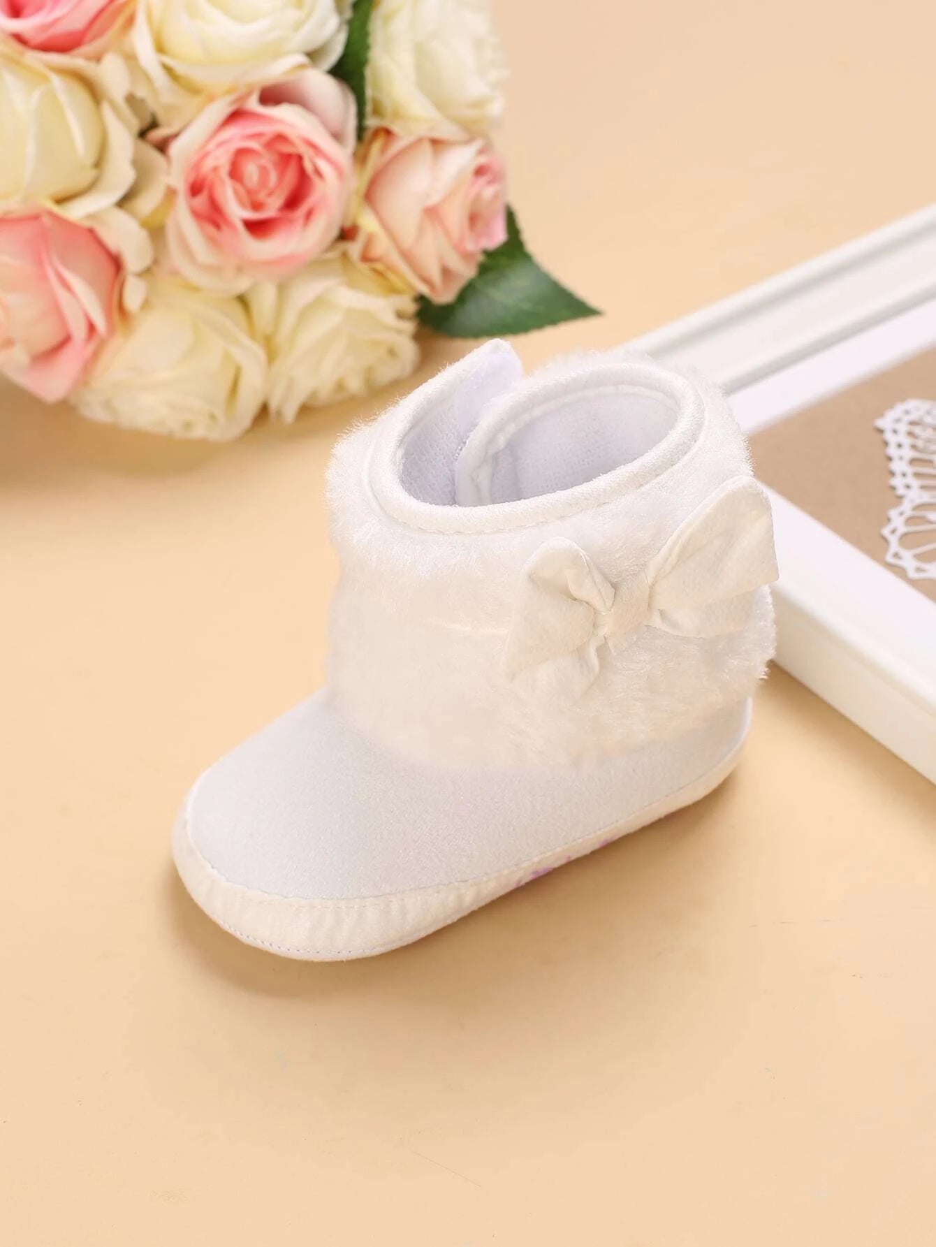 Preppy White Snow Boots For Baby Girls, Bow Decor Hook-and-loop Fastener Boots