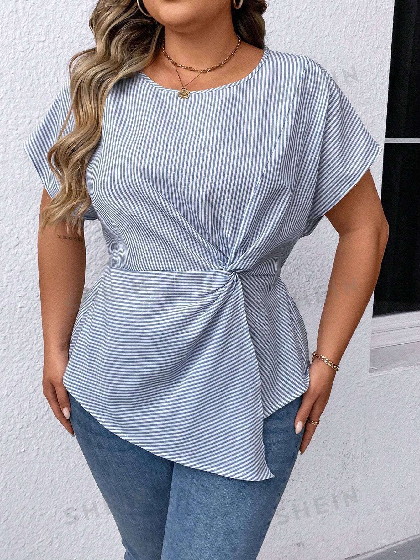 SHEIN Clasi Plus Size Women's Fashion Horizontal Striped Short Sleeve Shirt