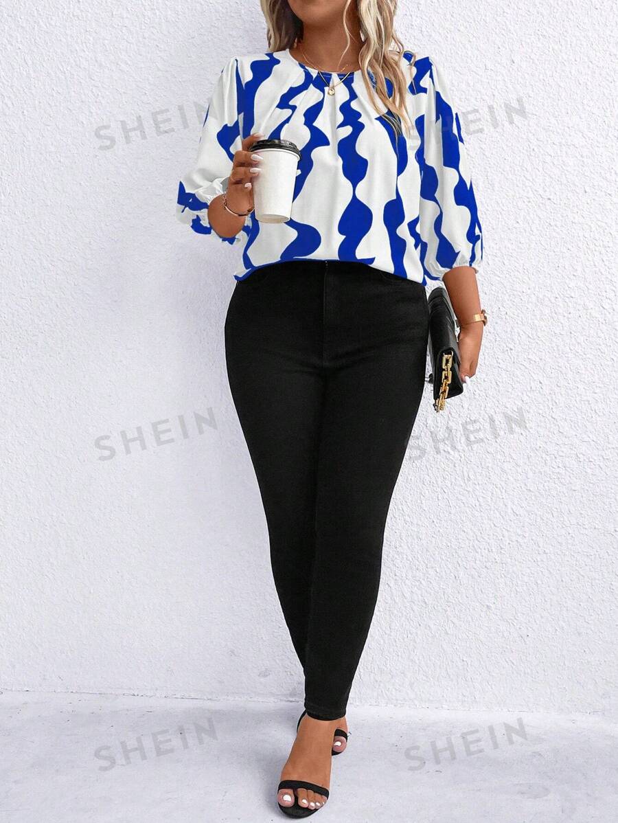 SHEIN Clasi Plus Allover Print Lantern Sleeve Blouse