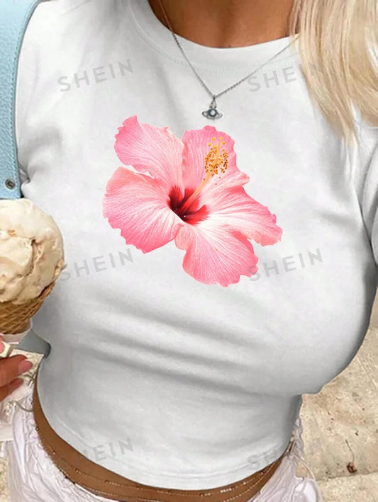 SHEIN EZwear Women's Summer Y2K Pink Hibiscus Flowers Cropped T-Shirt