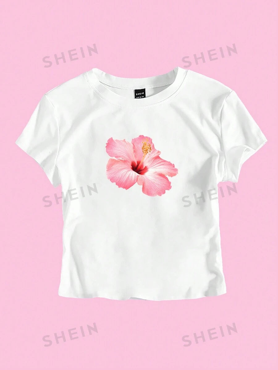 SHEIN EZwear Women's Summer Y2K Pink Hibiscus Flowers Cropped T-Shirt