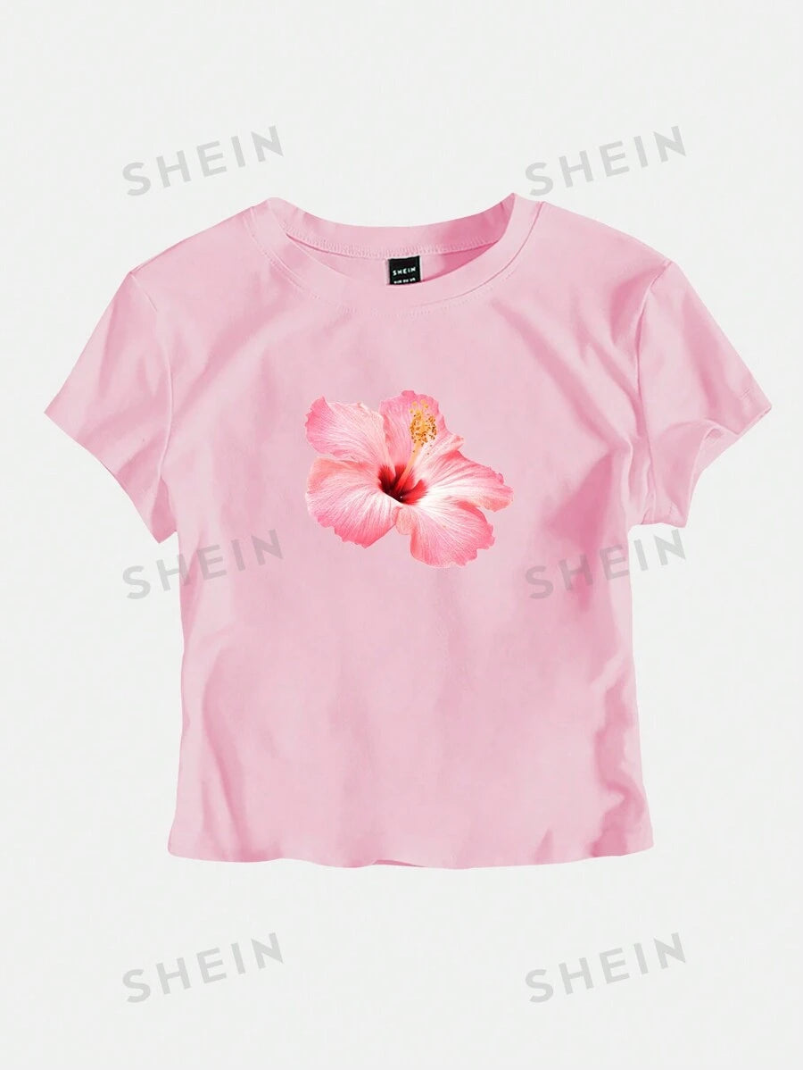 SHEIN EZwear Women's Summer Y2K Pink Hibiscus Flowers Cropped T-Shirt