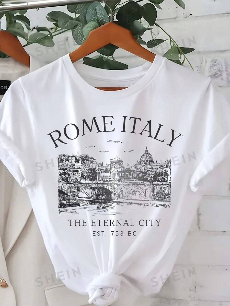 SHEIN Essnce Plus Size Summer Landscape & Letter Printed Casual T-Shirt, ROME ITALY THE ETERNAL CITY