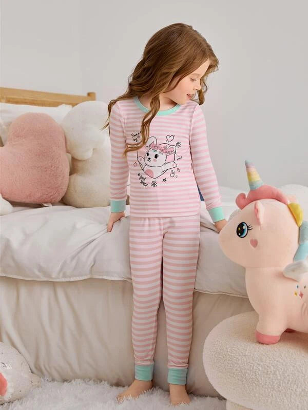 Toddler Girls Striped & Cartoon Graphic Contrast Trim Snug Fit PJ Set