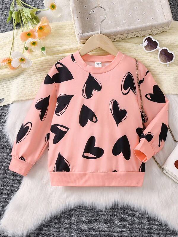 Young Girl Heart Print Drop Shoulder Sweatshirt