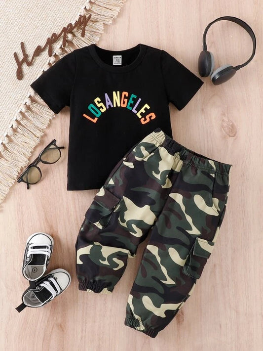 Baby Letter Graphic Tee & Camo Print Flap Pocket Pants