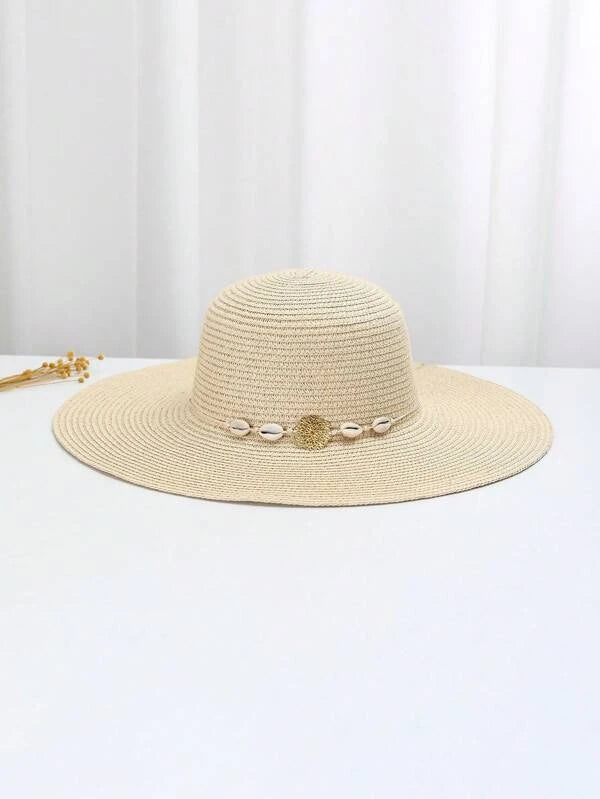 1pc Women Shell & Metal Decor Boho Straw Hat For Outdoor Travel