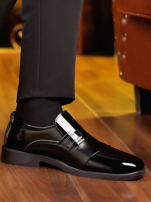 Men Metal Detail Slip-on Dress Loafers, Business Office Black Dress Shoes