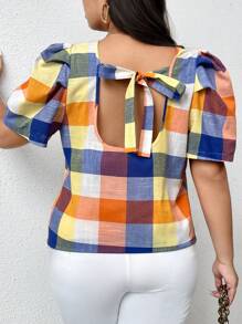 SHEIN LUNE Plus Size Summer Casual Random Plaid Print Back Tie Puff Sleeve Blouse