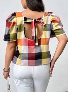 SHEIN LUNE Plus Size Summer Casual Random Plaid Print Back Tie Puff Sleeve Blouse