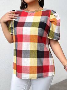 SHEIN LUNE Plus Size Summer Casual Random Plaid Print Back Tie Puff Sleeve Blouse