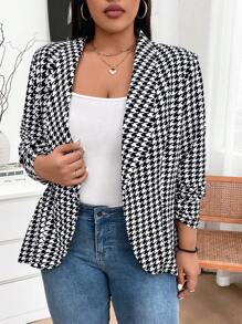 HEIN LUNE Plus Size Fall Clothes Women Spring Autumn Lapel Hounds Tooth Ruched 3/4 Sleeve Elegant Blazer Fall Tops&Fall Women Outfits