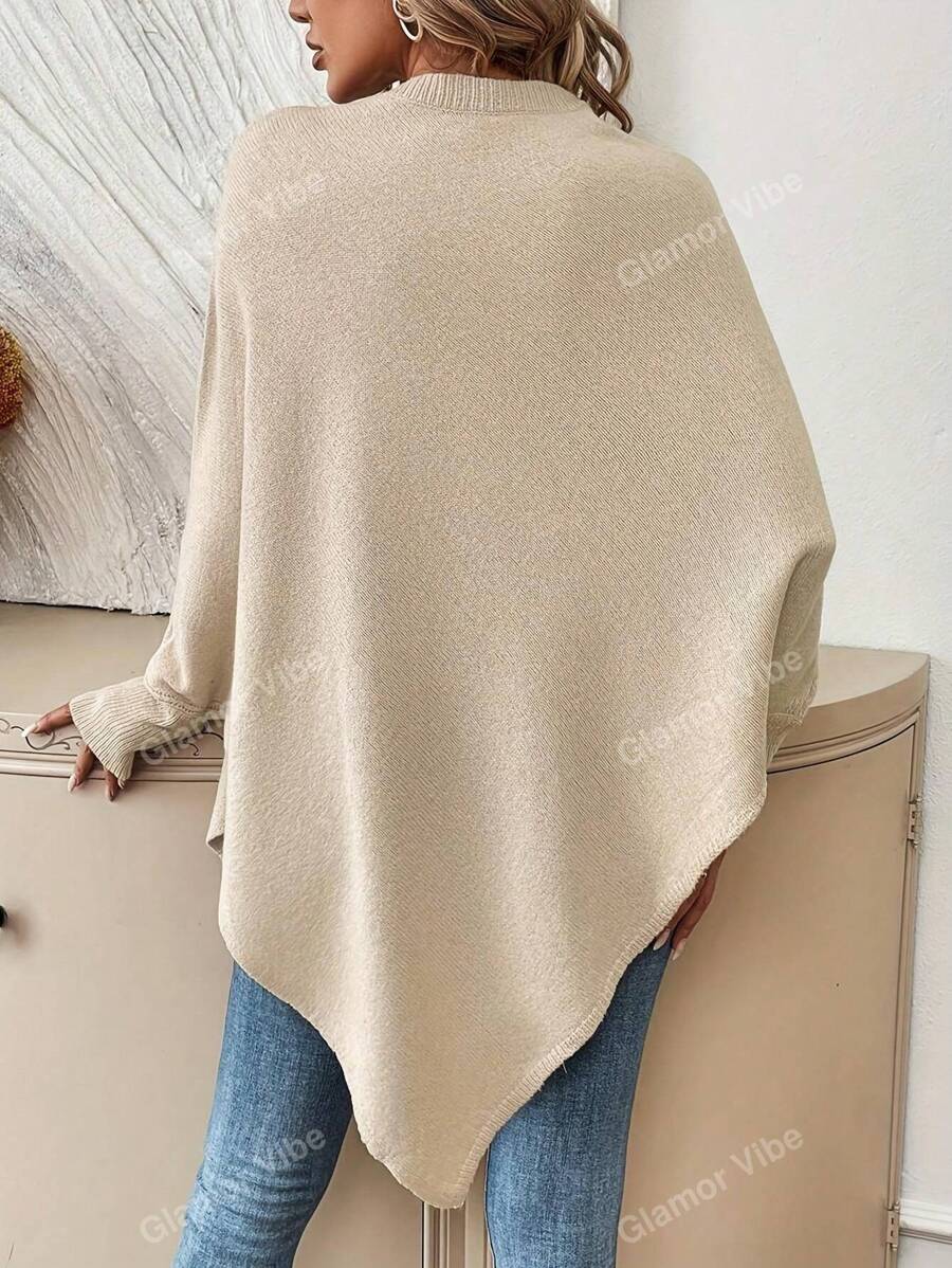 Women's Trendy Casual Asymmetrical Batwing Sleeve Applique Solid Color Knit Pullover Sweater