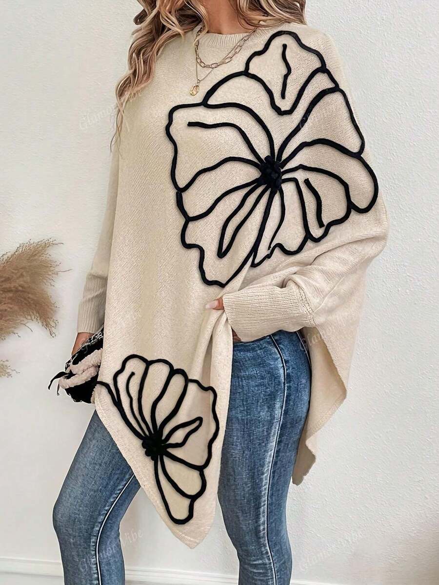 Women's Trendy Casual Asymmetrical Batwing Sleeve Applique Solid Color Knit Pullover Sweater