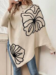 Women's Trendy Casual Asymmetrical Batwing Sleeve Applique Solid Color Knit Pullover Sweater