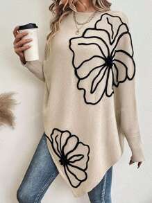 Women's Trendy Casual Asymmetrical Batwing Sleeve Applique Solid Color Knit Pullover Sweater