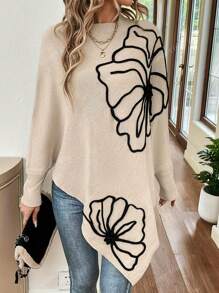 Women's Trendy Casual Asymmetrical Batwing Sleeve Applique Solid Color Knit Pullover Sweater