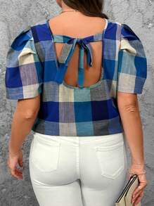 SHEIN LUNE Plus Size Summer Casual Random Plaid Print Back Tie Puff Sleeve Blouse