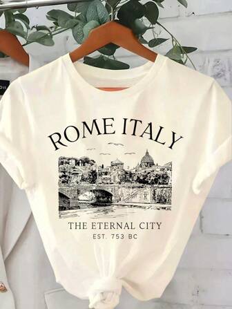 SHEIN Essnce Plus Size Summer Landscape & Letter Printed Casual T-Shirt, ROME ITALY THE ETERNAL CITY