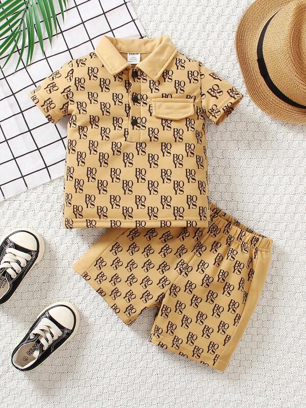 Baby Boy Letter Graphic Flap Detail Polo Shirt & Shorts Set