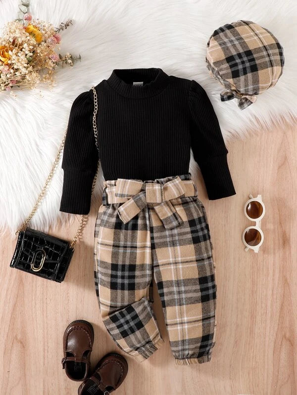 Baby Mock Neck Tee & Plaid Belted Pants