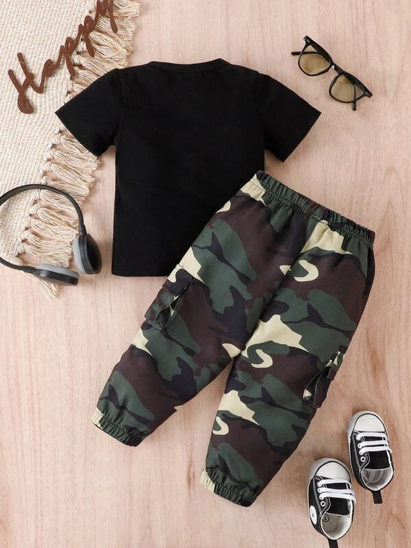 Baby Letter Graphic Tee & Camo Print Flap Pocket Pants