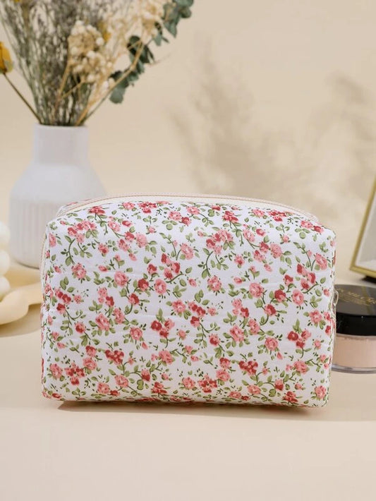 1pc Rose Red Fabric Floral Portable Household Organize Travel Makeup Bag For Women Girls