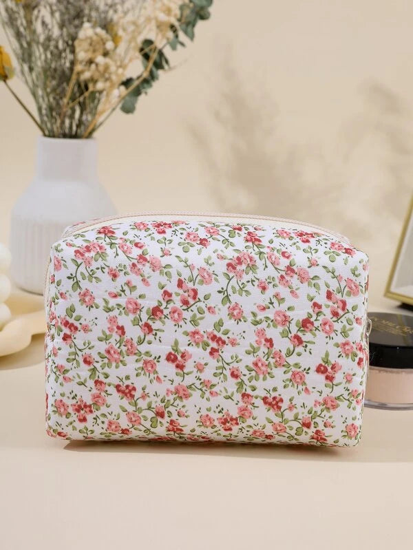 1pc Rose Red Fabric Floral Portable Household Organize Travel Makeup Bag For Women Girls