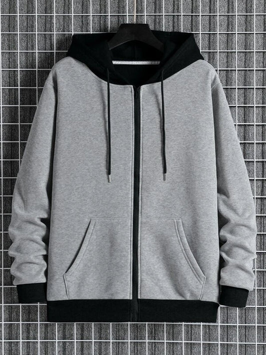 Men Colorblock Zip Up Thermal Drawstring Hoodie