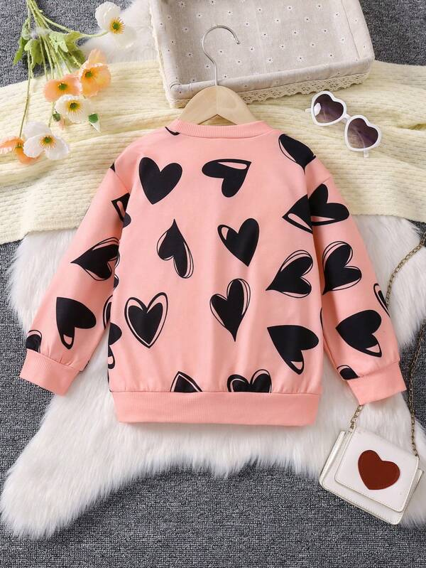 Young Girl Heart Print Drop Shoulder Sweatshirt