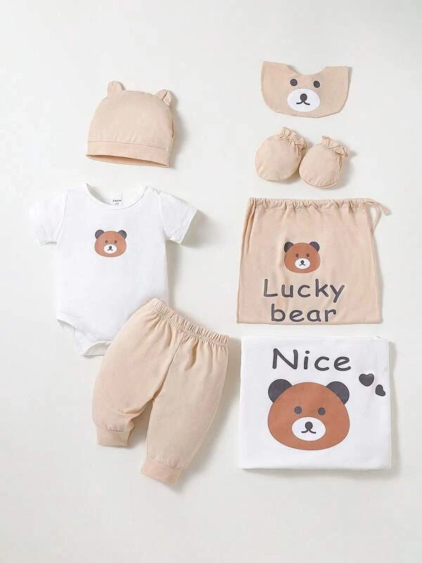 Newborn Baby Cartoon Graphic Bodysuit & Pants & Hat & Bib & Gloves & Bag & Blanket