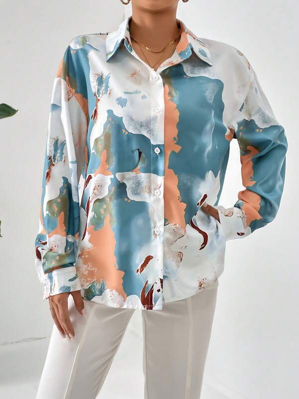 SHEIN Essnce Ink Print Drop Shoulder Shirt