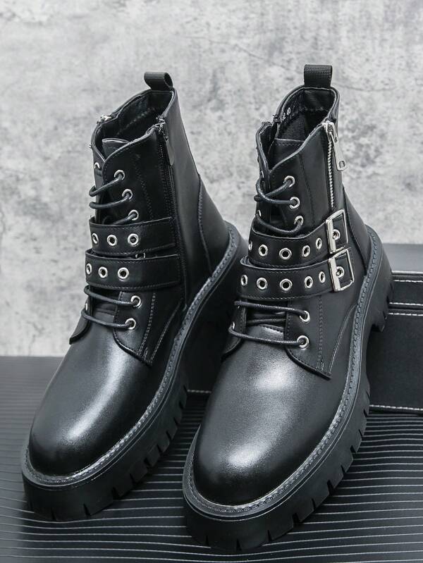 Men's High Top Western Style Boots With Double Buckle Strap, Motorcycle, Black Chelsea Boots