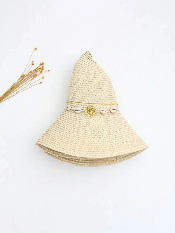 1pc Women Shell & Metal Decor Boho Straw Hat For Outdoor Travel