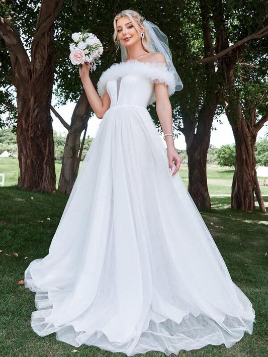 Off Shoulder Ruffle Trim Mesh Wedding Dress Without Veil