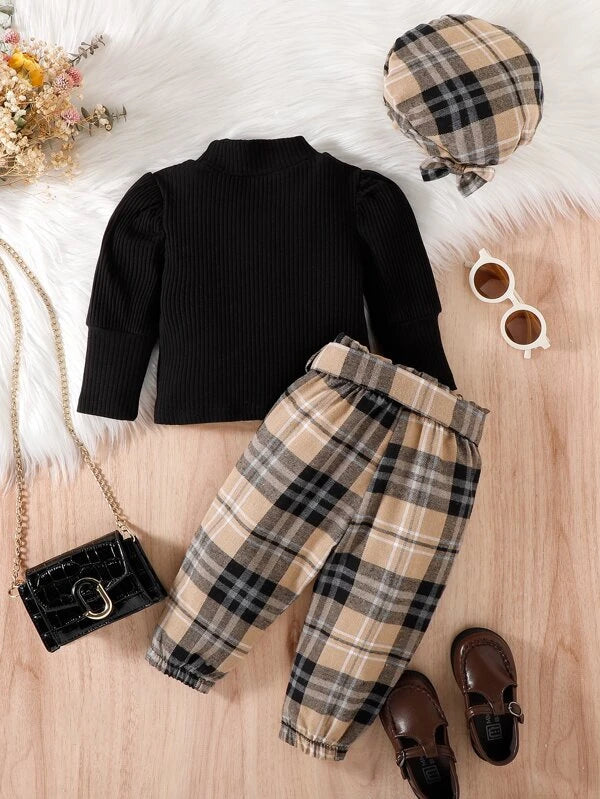 Baby Mock Neck Tee & Plaid Belted Pants