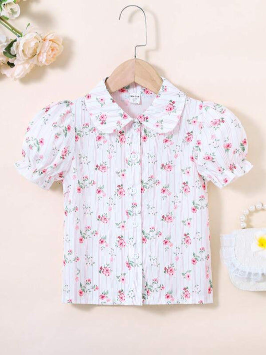 SHEIN Kids SUNSHNE Toddler Girls Floral Print Puff Sleeve Shirt