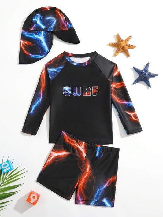 Toddler Boys 3pack Lightning & Letter Graphic Beach Swimsuit With Swim Cap