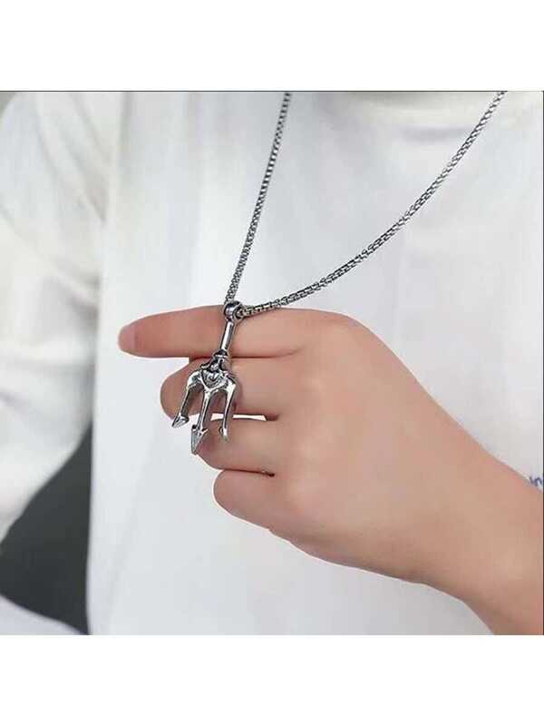 Men Trident Pendant Necklace Silver Stainless Steel Fashionable Popular Jewelry Gift Party