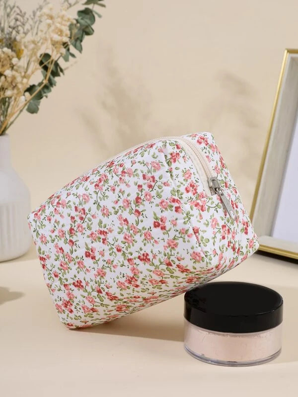 1pc Rose Red Fabric Floral Portable Household Organize Travel Makeup Bag For Women Girls