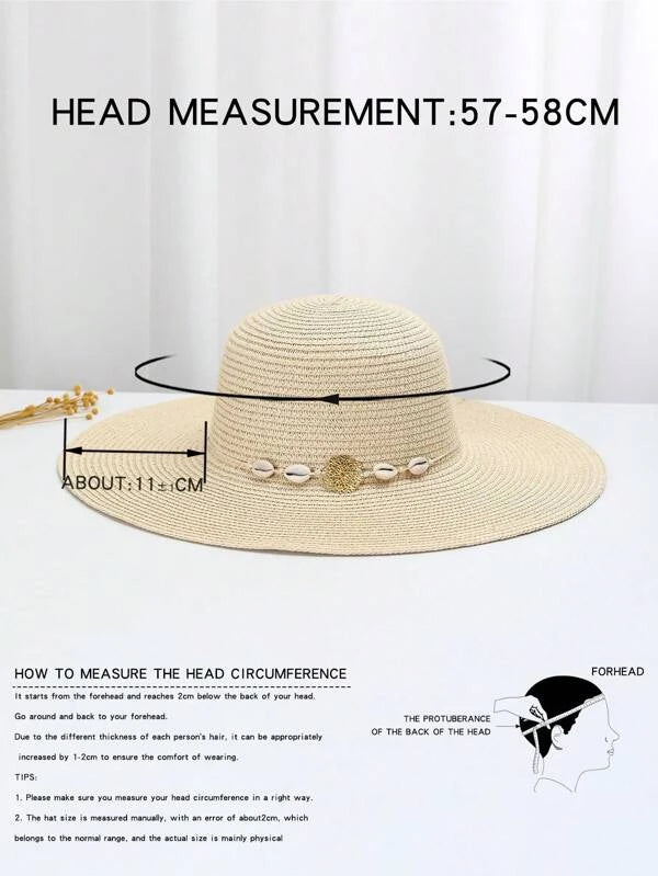 1pc Women Shell & Metal Decor Boho Straw Hat For Outdoor Travel