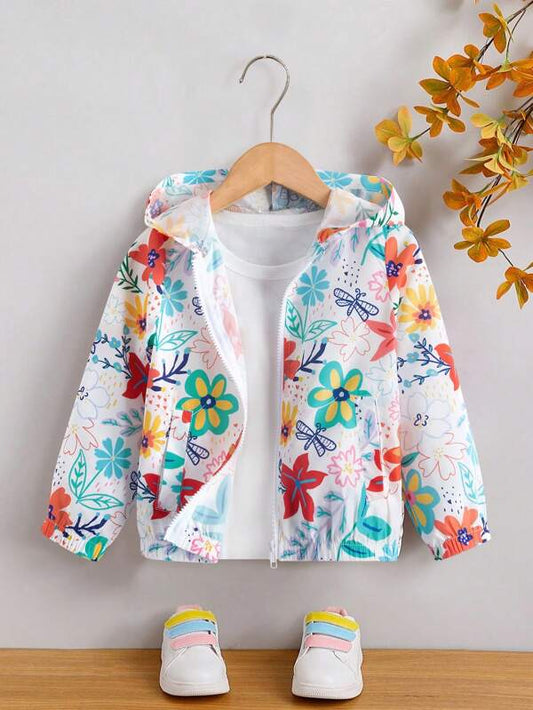 Young Girl Floral Print Zip Up Hooded Jacket Without Tee