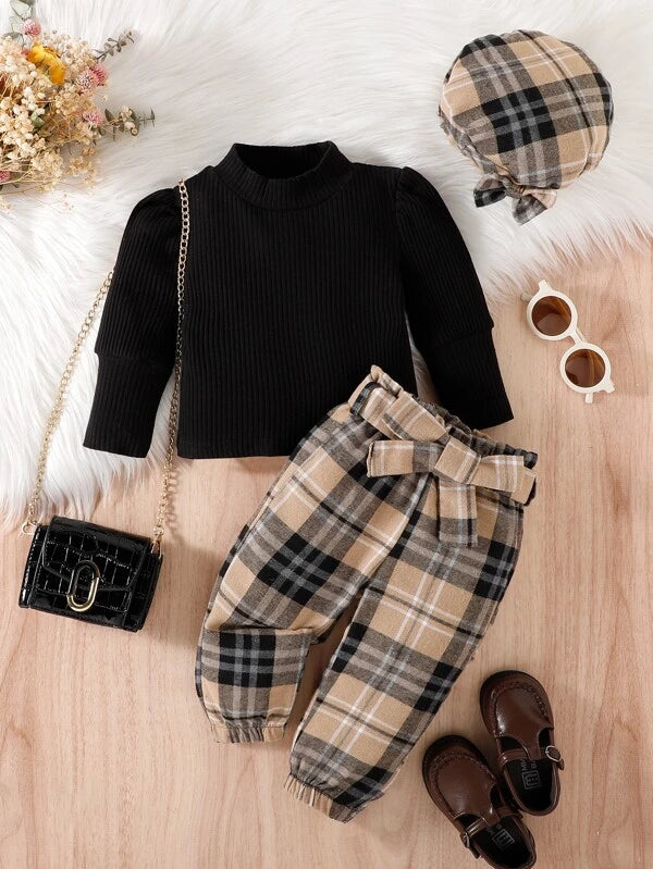 Baby Mock Neck Tee & Plaid Belted Pants