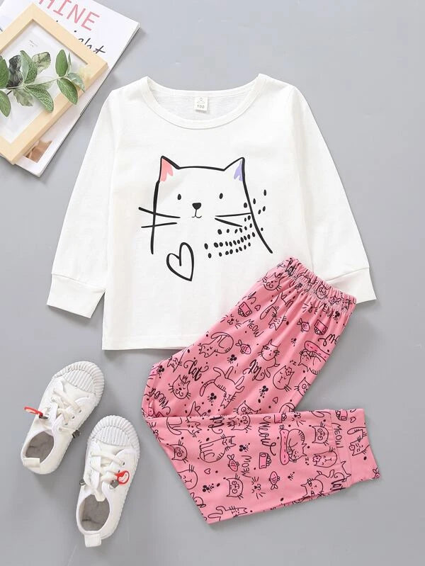 Toddler Girls Cartoon Cat & Heart Print PJ Set