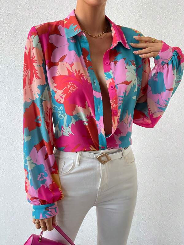 SHEIN Frenchy Floral Print Lantern Sleeve Shirt