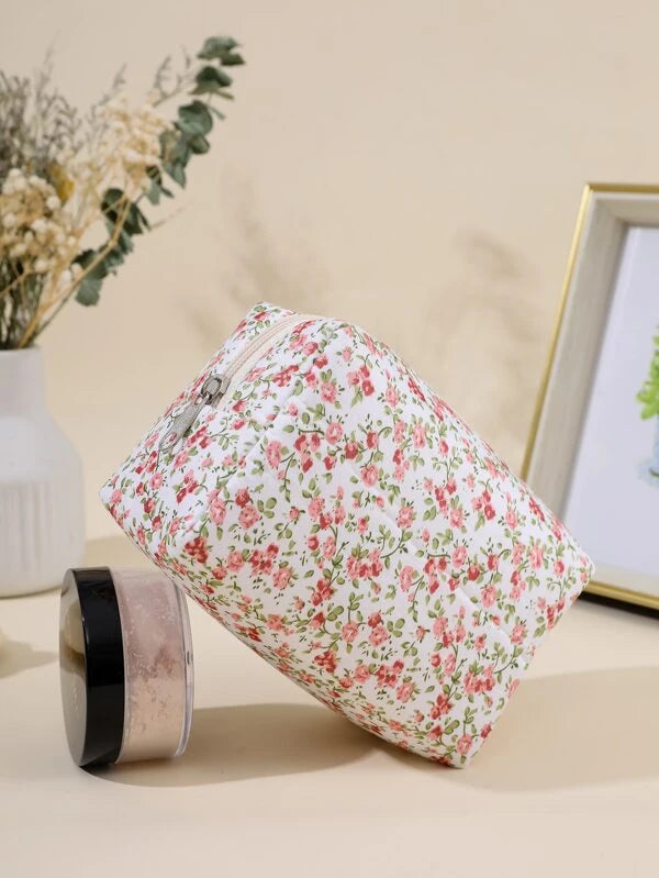 1pc Rose Red Fabric Floral Portable Household Organize Travel Makeup Bag For Women Girls